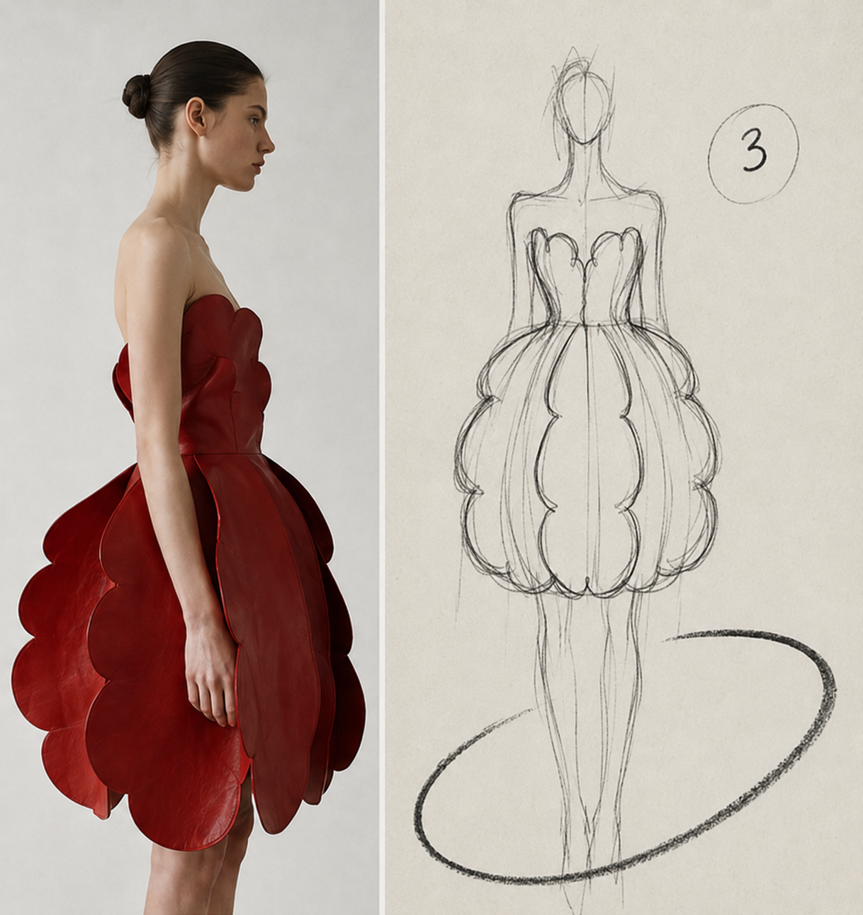 Scarlet Bloom side-view photograph paired with the original garment sketch