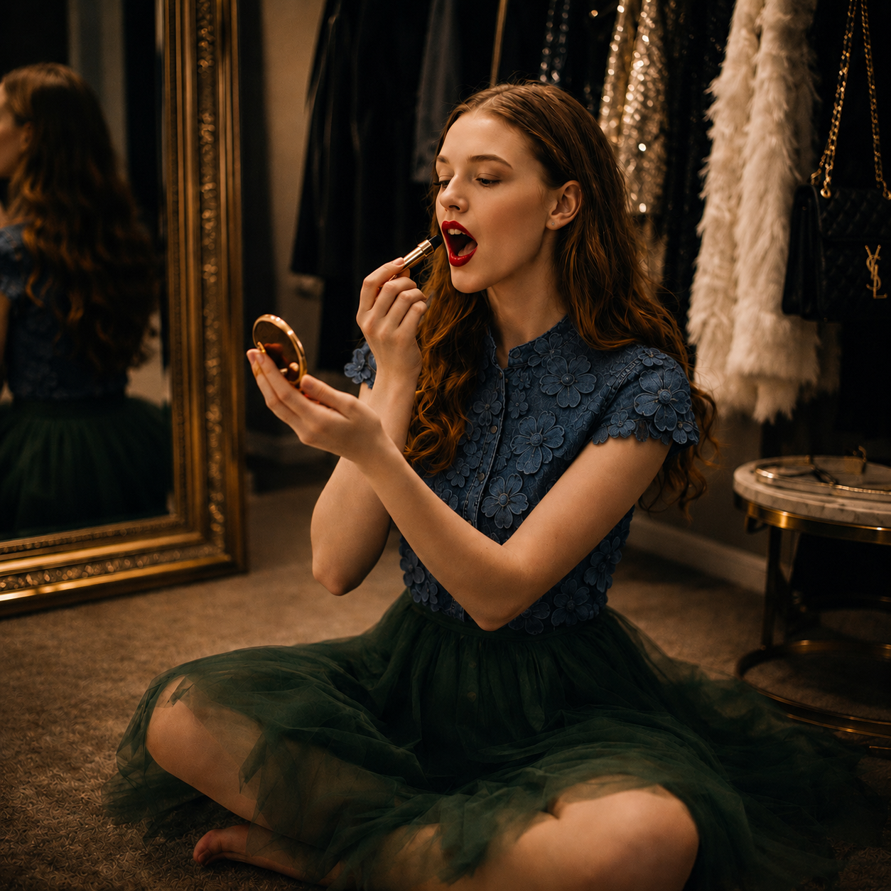 A woman applying lipstick while sitting in a dressing room wearing a denim floral top and dark tulle skirt.
