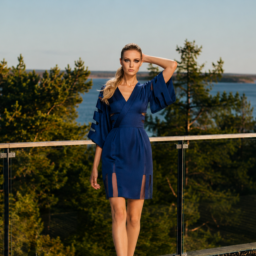 A model wearing a blue cutout dress overlooking the Stockholm archipelago.