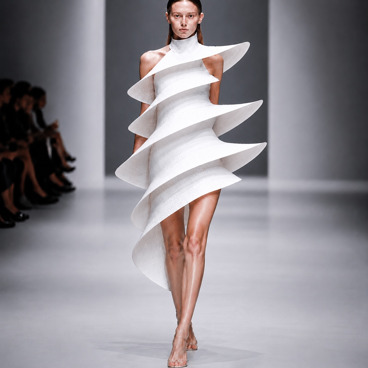 A model wearing a sculptural white spiral dress on a runway.