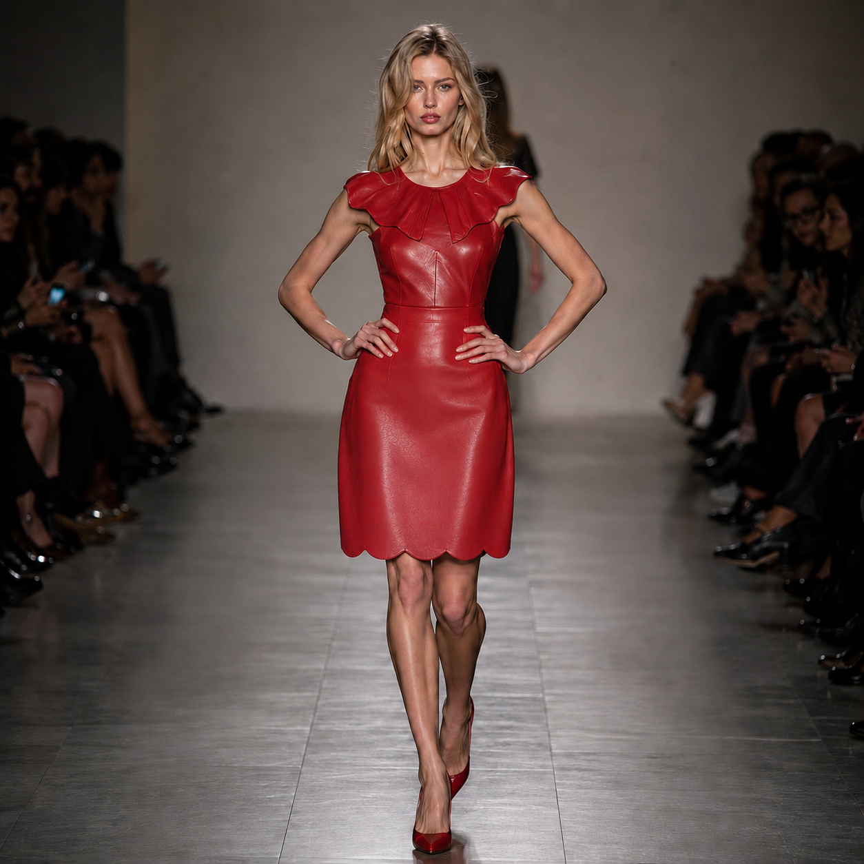 A model wearing a red leather dress with scalloped floral edges on a runway.